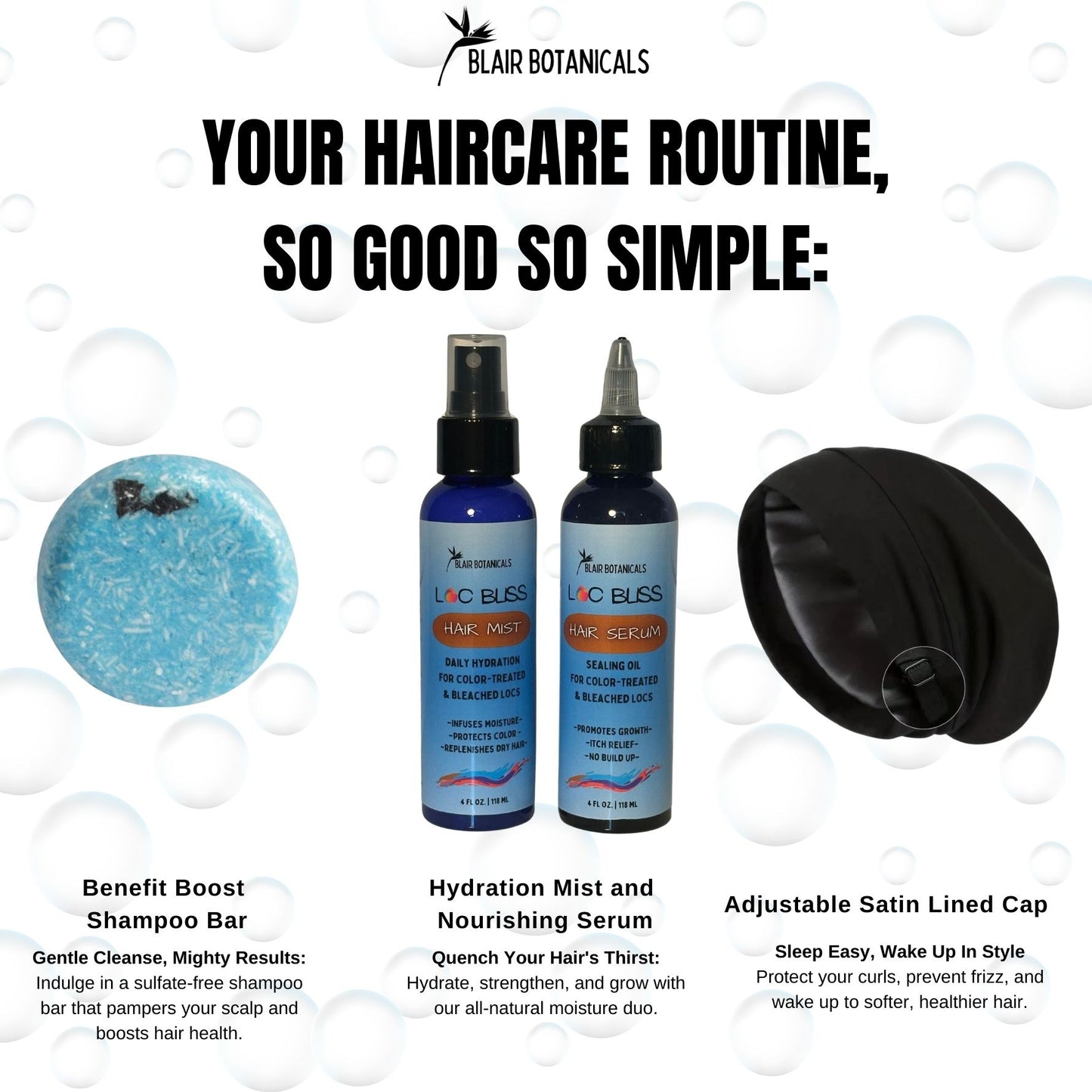 Loc Bliss haircare routine with shampoo bar, hydration mist, nourishing serum, and satin-lined cap.