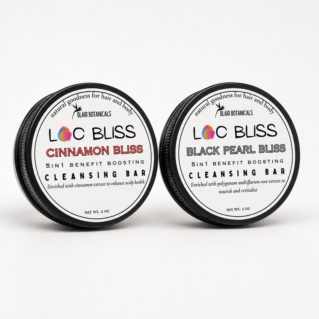 Blair Botanicals Root Reset Loc Shampoo Bar Duo with Cinnamon Bliss and Black Pearl Bliss.