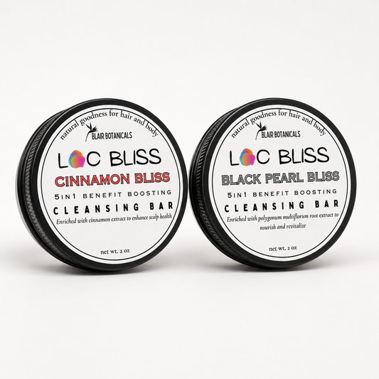 Blair Botanicals Root Reset Loc Shampoo Bar Duo with Cinnamon Bliss and Black Pearl Bliss.