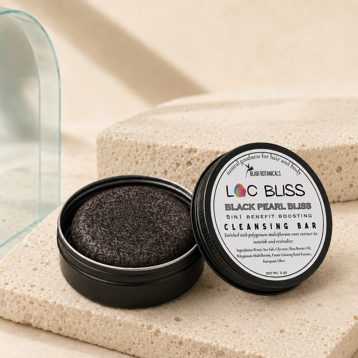Blair Botanicals Black Pearl Bliss moisture shampoo bar for mature and low-porosity locs.