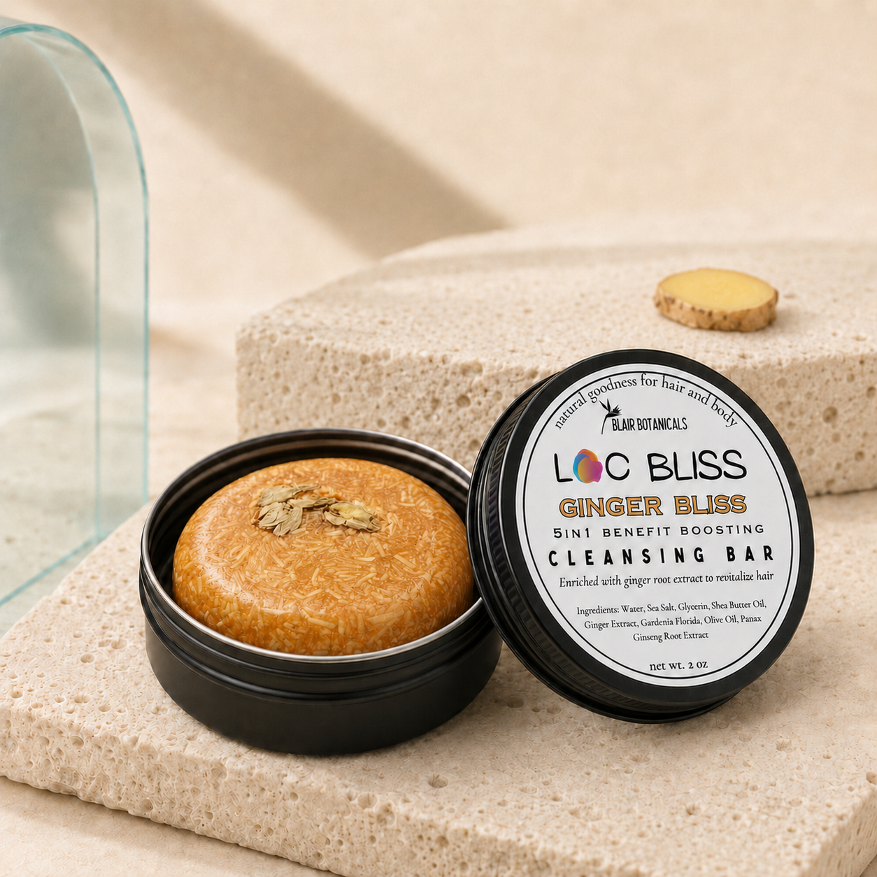 Blair Botanicals Hair Loss Ginger Bliss moisture shampoo bar for itchy, post-workout scalp.
