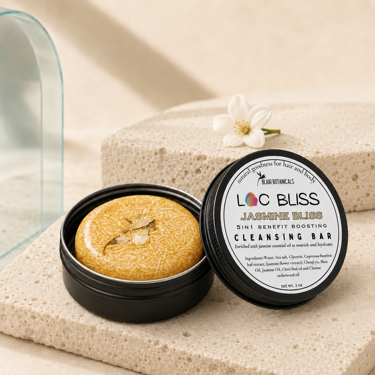 Blair Botanicals Nourish Jasmine Bliss moisture shampoo bar for dull, starter locs.