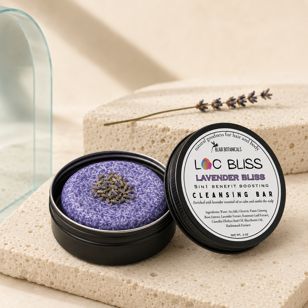 Blair Botanicals Calm Itch Lavender Bliss moisture shampoo bar for sensitive, itchy scalp hydration.