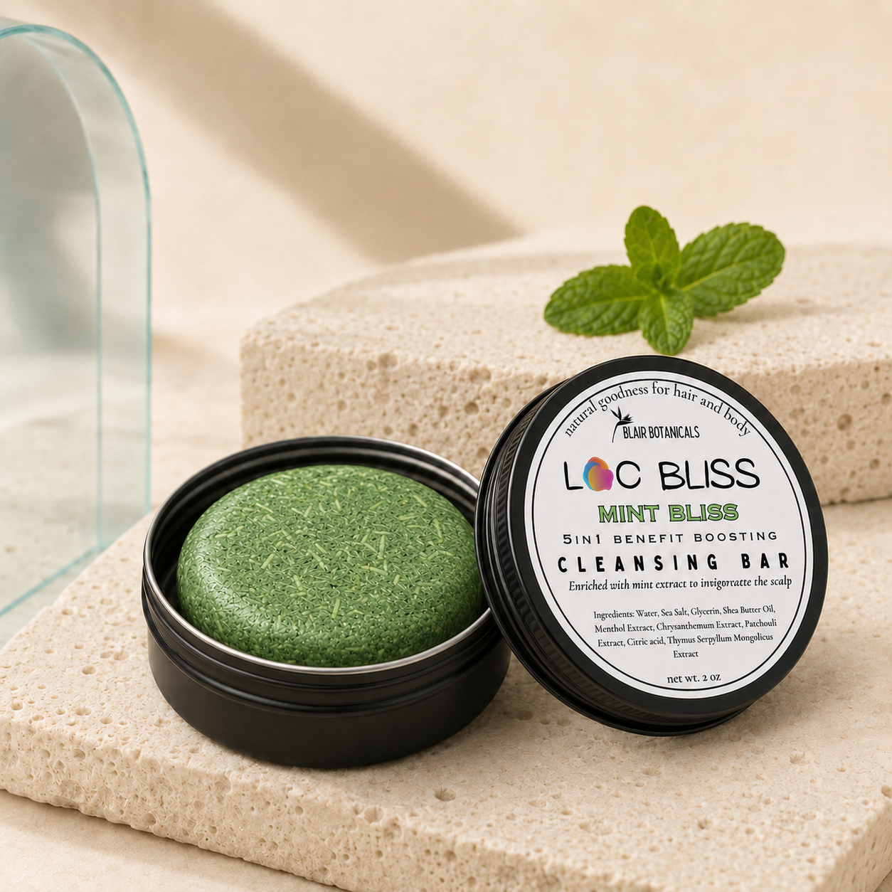 Blair Botanicals Invigorate Mint Bliss detox shampoo bar for itchy scalp and post-workout buildup.