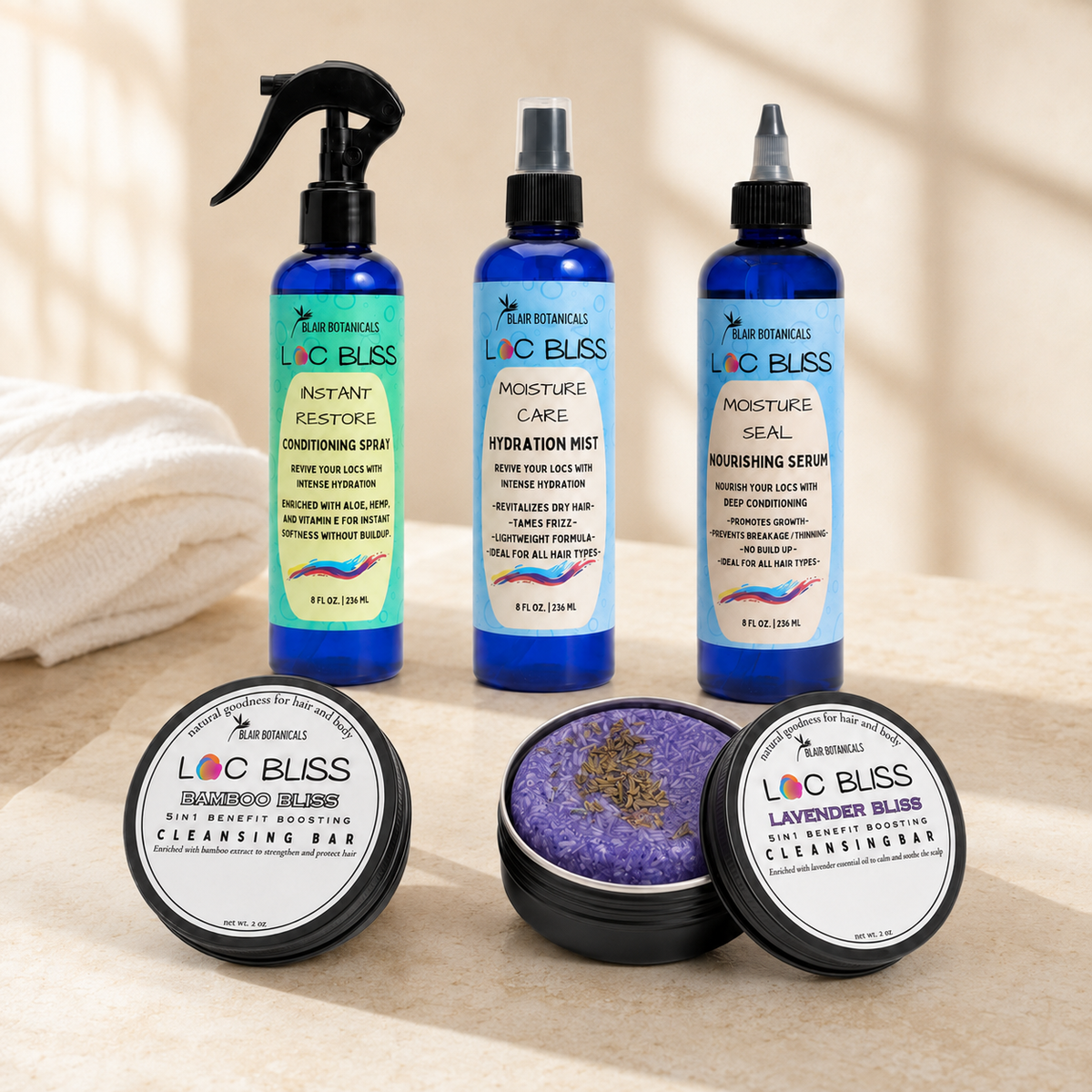 Complete Loc Bliss wash-day routine with shampoo bars, conditioning spray, hydration mist, and serum.