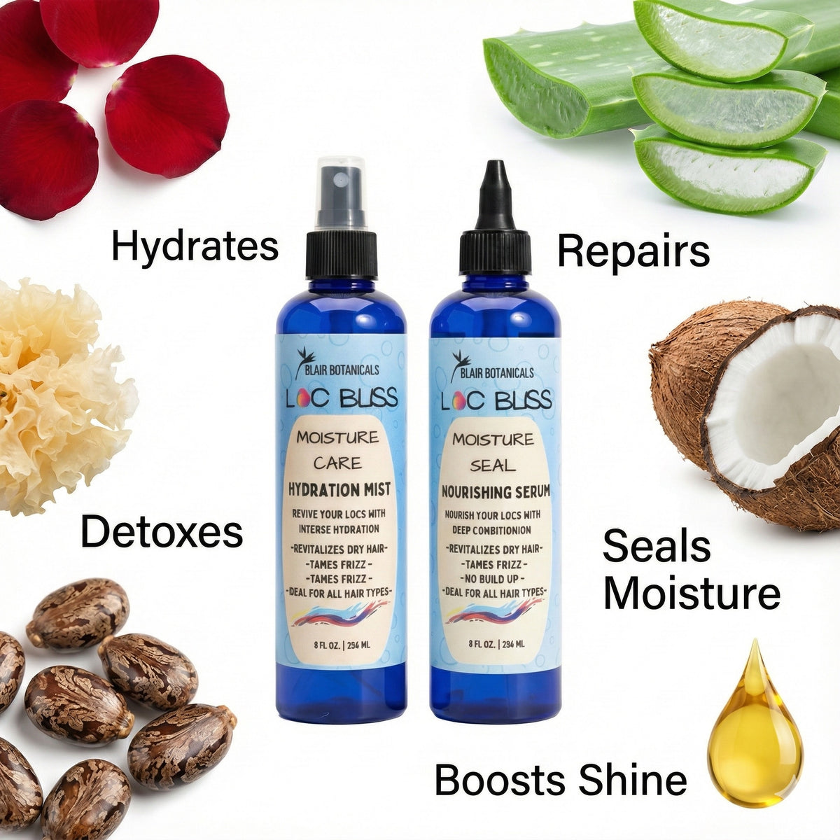 Blair Botanicals Winter Hydration Set for Locs Intense Moisture Mist & Nourishing Serum 8 oz Each in Gold Holiday Organza Bag for Soft Moisture Infused Locs