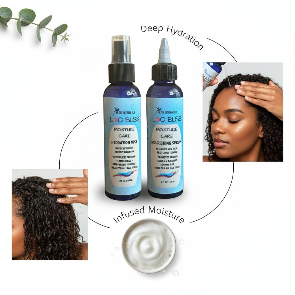 Blair Botanicals Winter Hydration Set for Locs Intense Moisture Mist & Nourishing Serum 4 oz Each in Gold Holiday Organza Bag for Soft Moisture Infused Locs