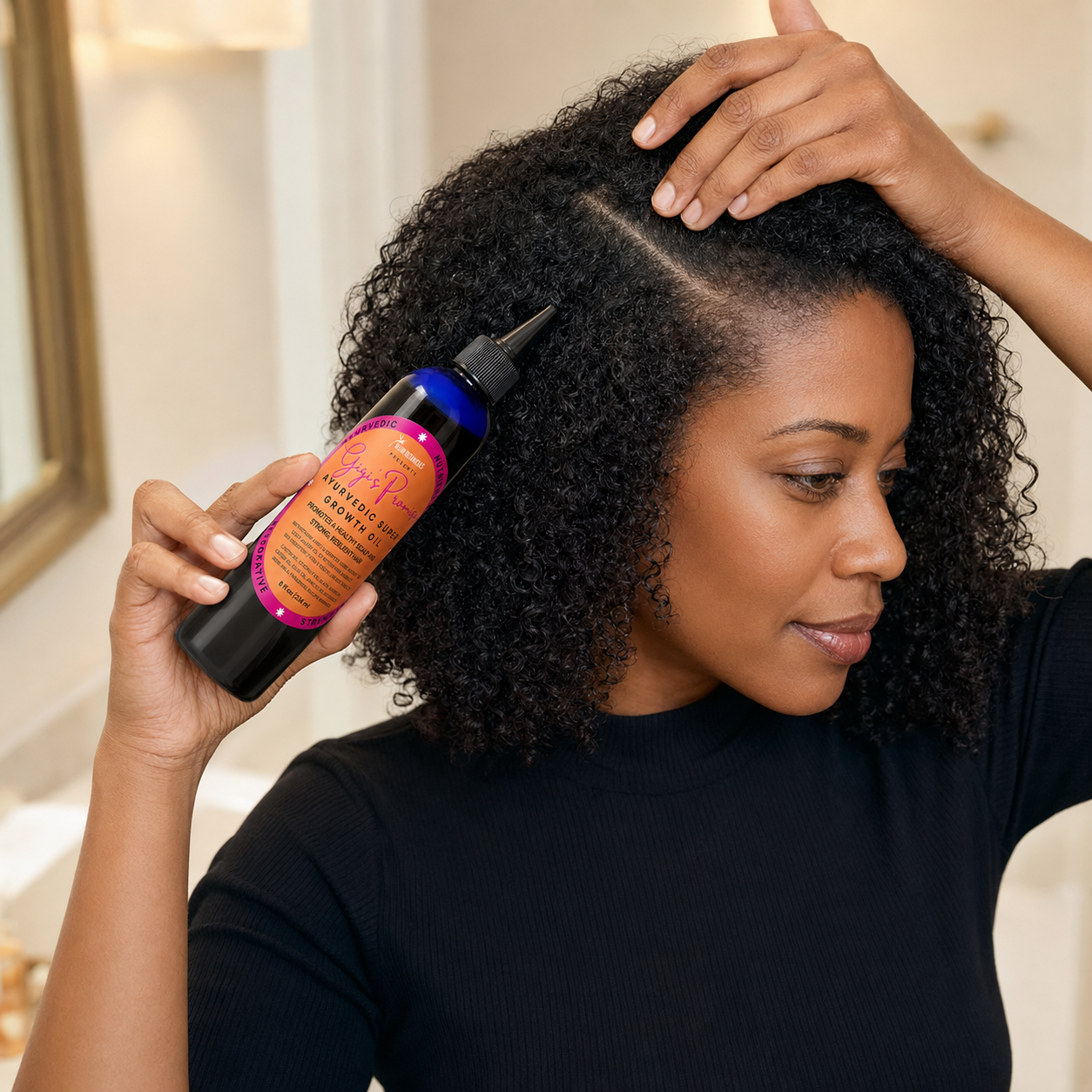 Gigi's Promise Ayurvedic Growth Oil being applied to natural hair and edges.