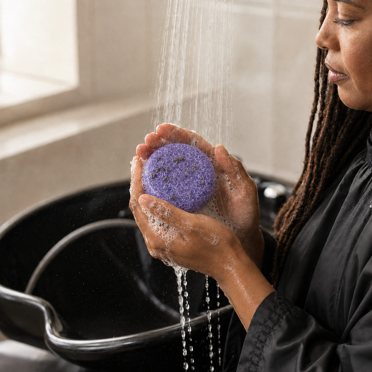 Lavender Bliss moisture shampoo bar in use on locs for sensitive scalp hydration.