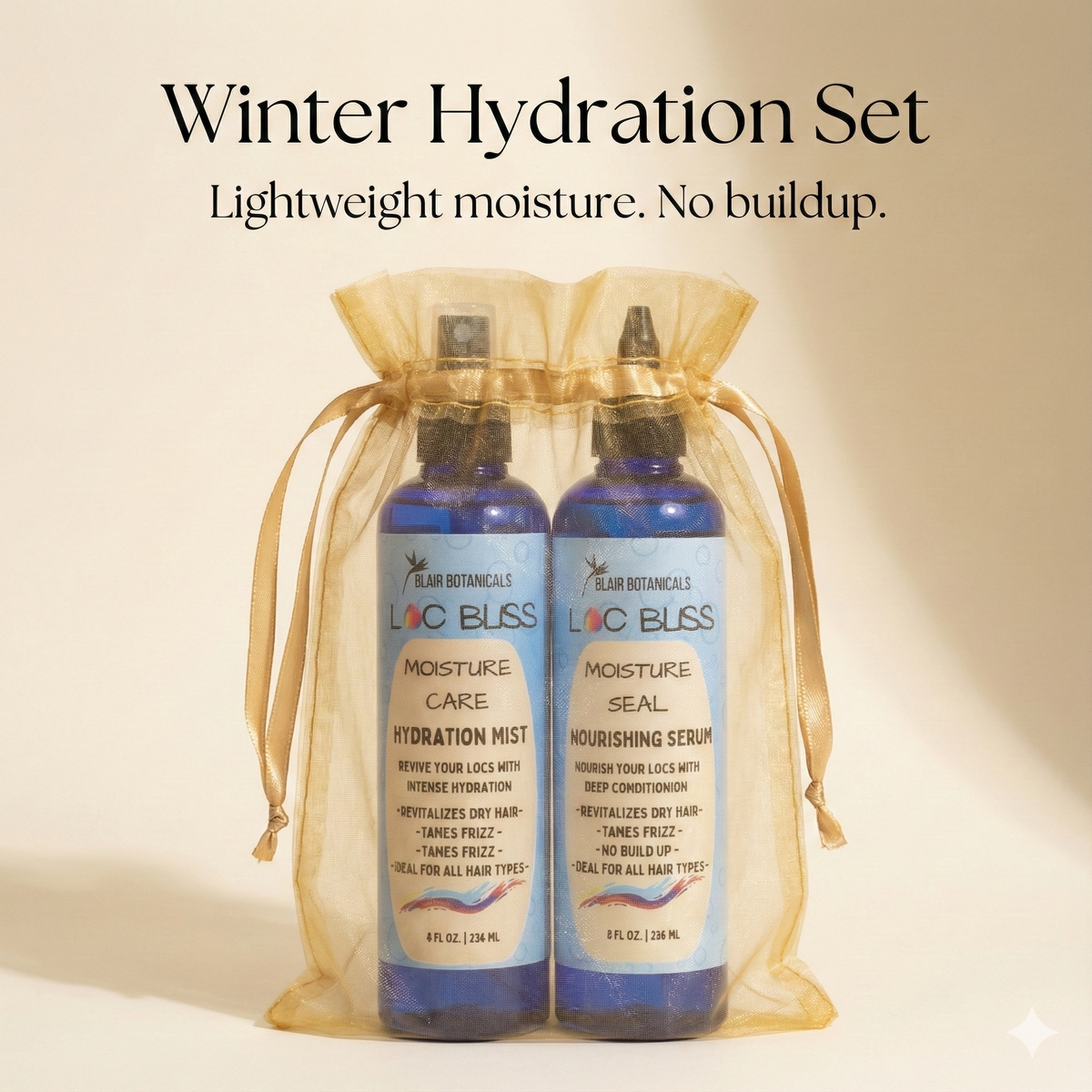 Blair Botanicals Winter Hydration Set for Locs Intense Moisture Mist & Nourishing Serum 8 oz Each in Gold Holiday Organza Bag for Soft Moisture Infused Locs