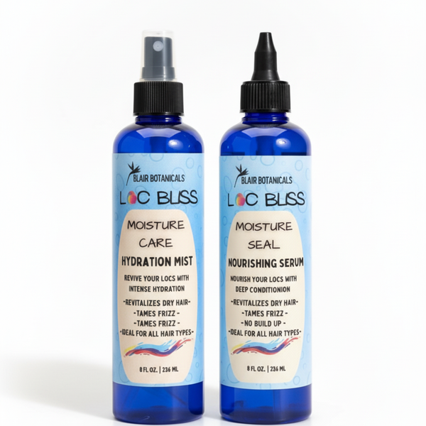 Blair Botanicals Winter Hydration Set for Locs Intense Moisture Mist & Nourishing Serum 8 oz Each in Gold Holiday Organza Bag for Soft Moisture Infused Locs