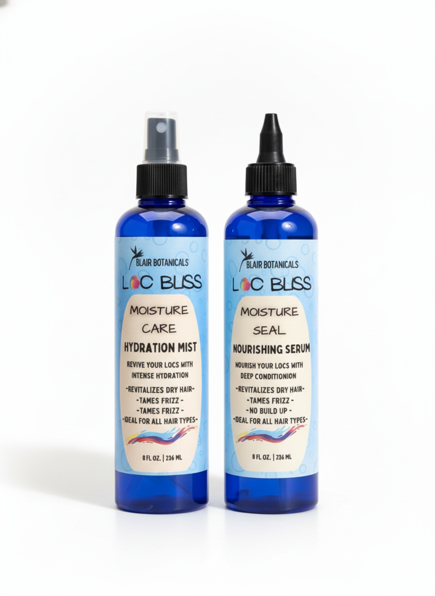Blair Botanicals Winter Hydration Set for Locs Intense Moisture Mist & Nourishing Serum 4 oz Each in Gold Holiday Organza Bag for Soft Moisture Infused Locs