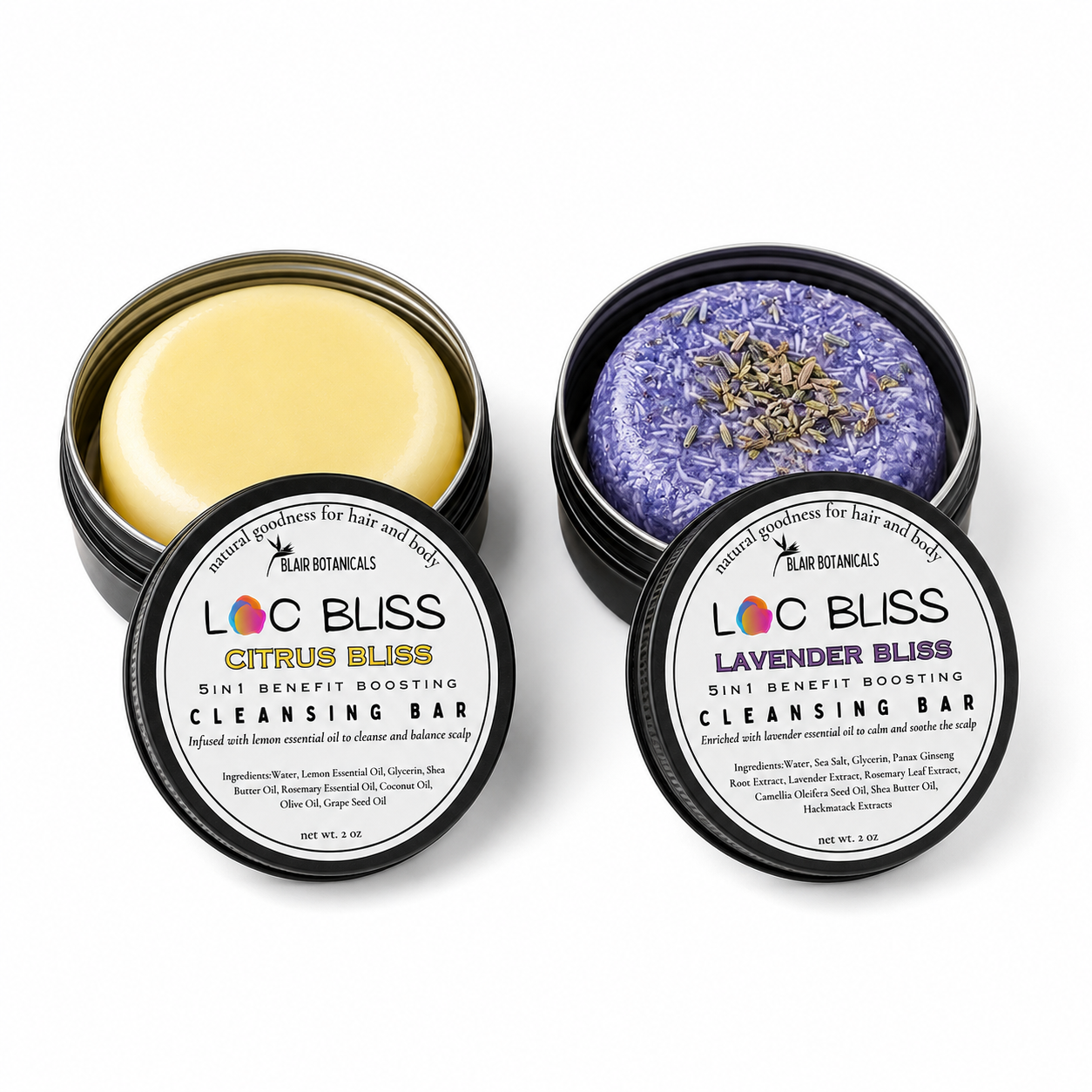 Blair Botanicals Calm Refresh Loc Shampoo Bar Duo — Lavender Bliss and Citrus Bliss for itchy scalp and dull locs.