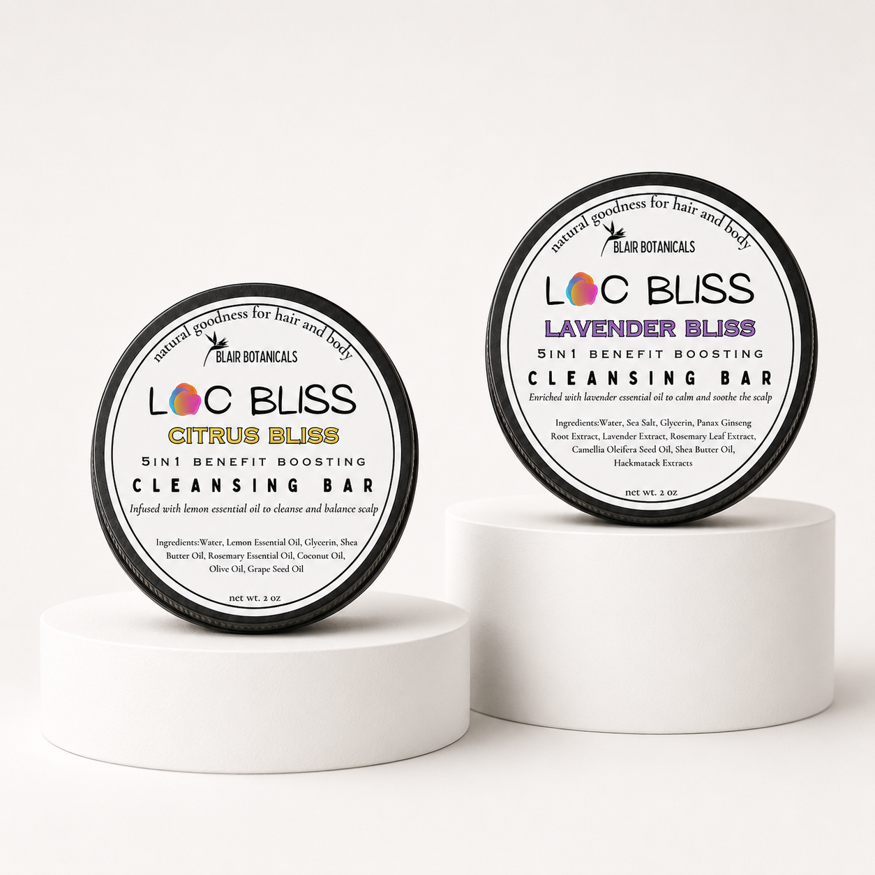 Blair Botanicals Calm Refresh Loc Shampoo Bar Duo styled product shot.