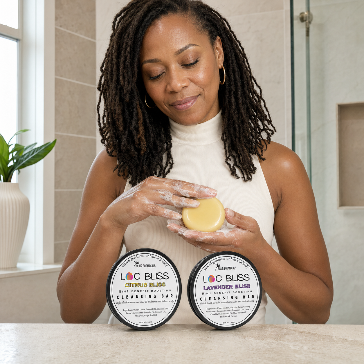 Blair Botanicals Calm Refresh Loc Shampoo Bar Duo packaging detail.