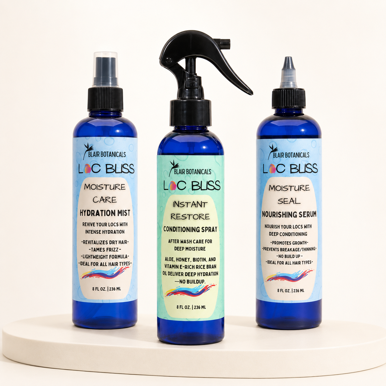 Loc Bliss Hydration Mist, Instant Restore Conditioning Spray, and Nourishing Serum routine.
