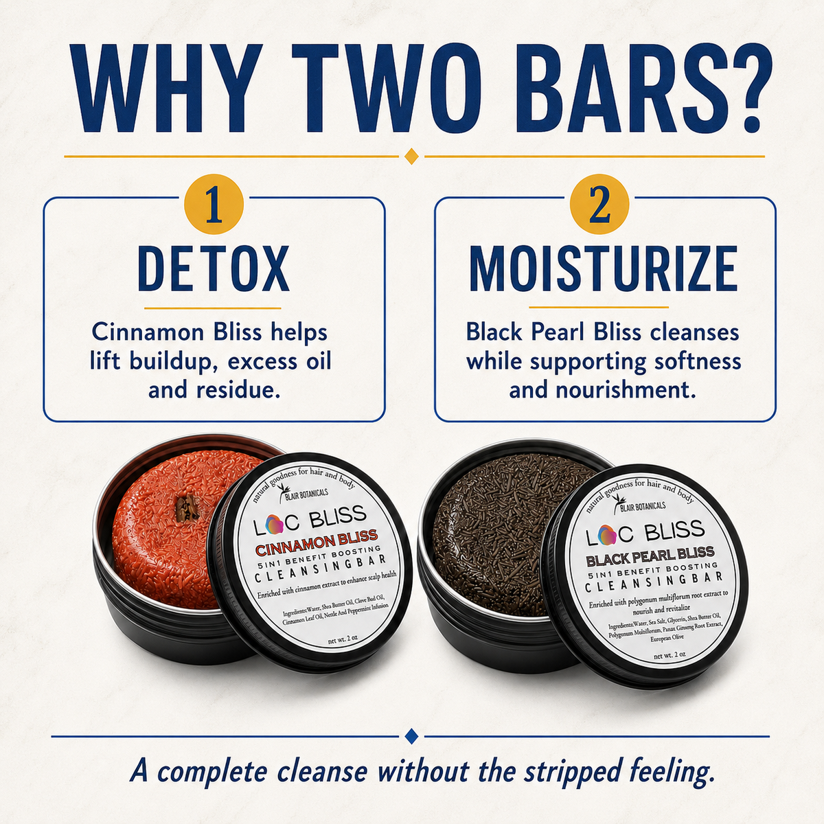 Root Reset two-bar routine graphic showing Cinnamon Bliss for the detox cleanse and Black Pearl Bliss for the moisture-supporting cleanse.