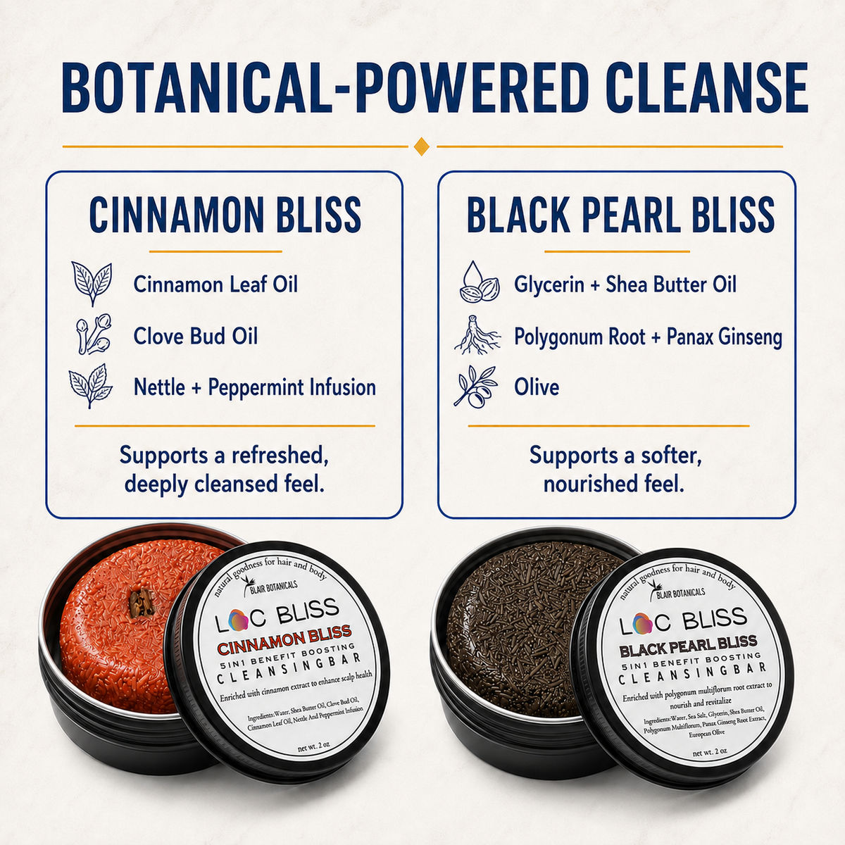 Cinnamon Bliss and Black Pearl Bliss shampoo-bar ingredient graphic with both open product tins.