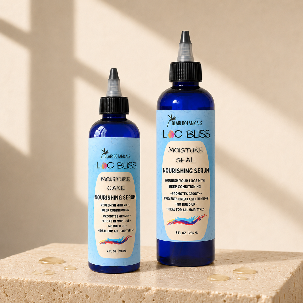 Blair Botanicals Loc Bliss Nourishing Serum in 4 oz and 8 oz blue bottles.