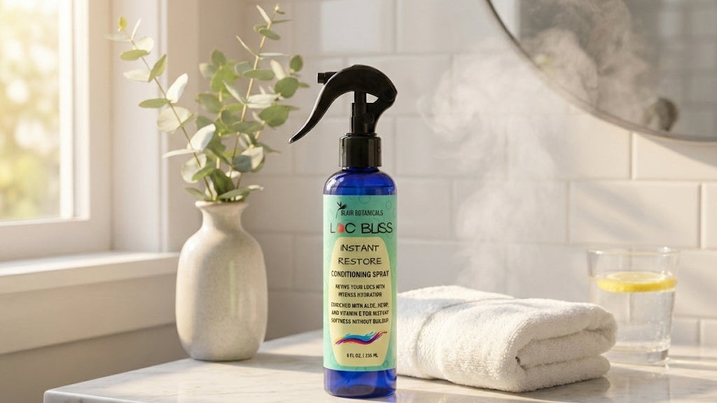 Loc Bliss Post Wash Conditioning Spray in a sunny and clean bathroom with steam and moisture