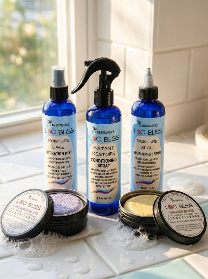 LOC Bliss hair care products on a bathroom counter with a window in the background.