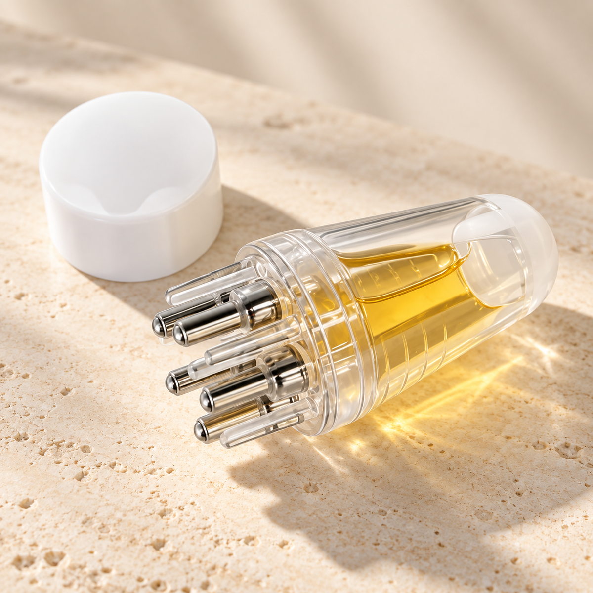 Draft of Gigi’s Promise transparent precision scalp oil applicator with stainless steel roller tips