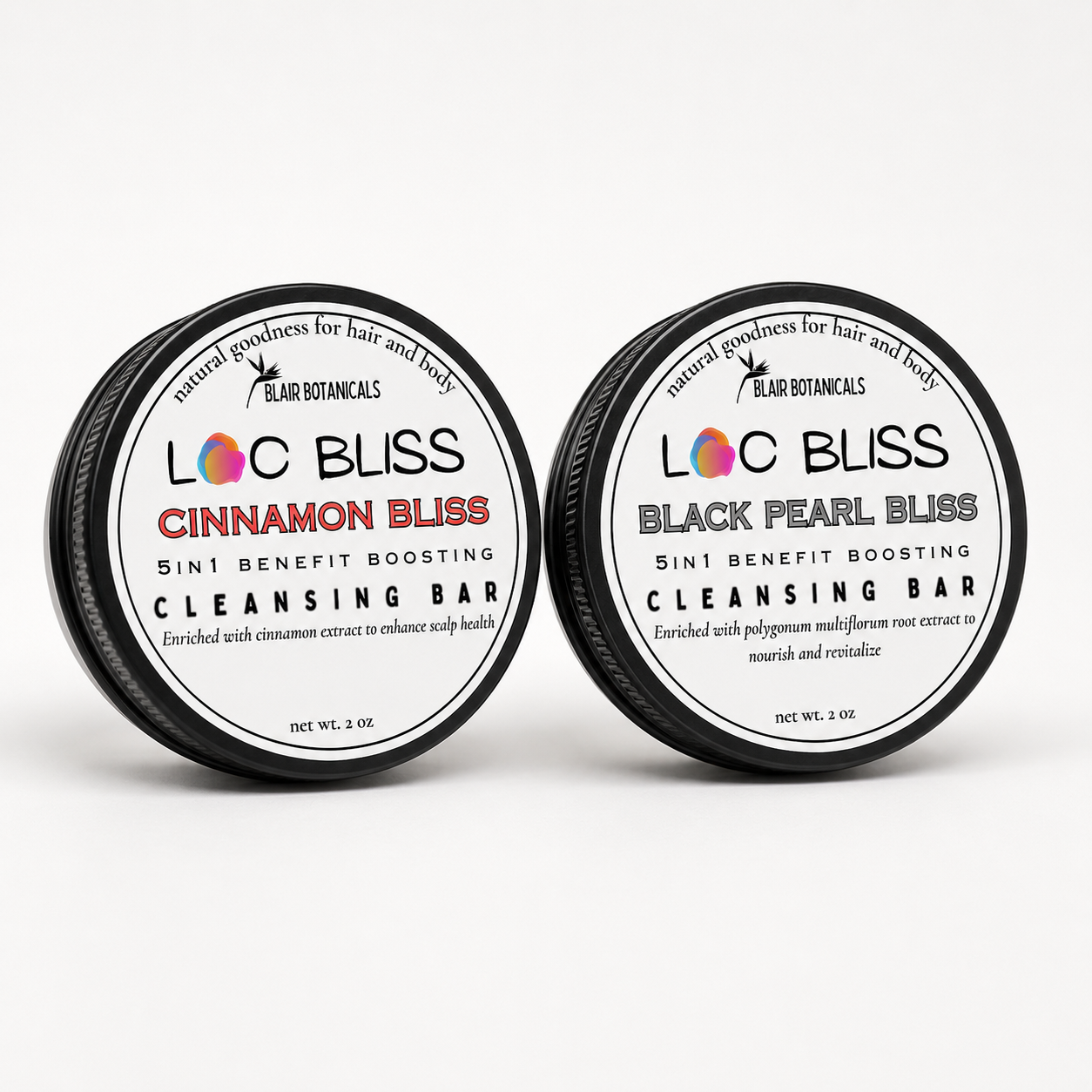 Blair Botanicals Growth + Balance Loc Shampoo Bar Duo with Cinnamon Bliss and Black Pearl Bliss.