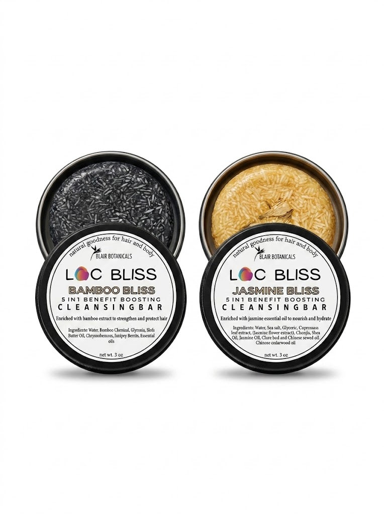 Blair Botanicals Total Reset Loc Shampoo Bar Duo — Bamboo Bliss and Jasmine Bliss for product-heavy locs.