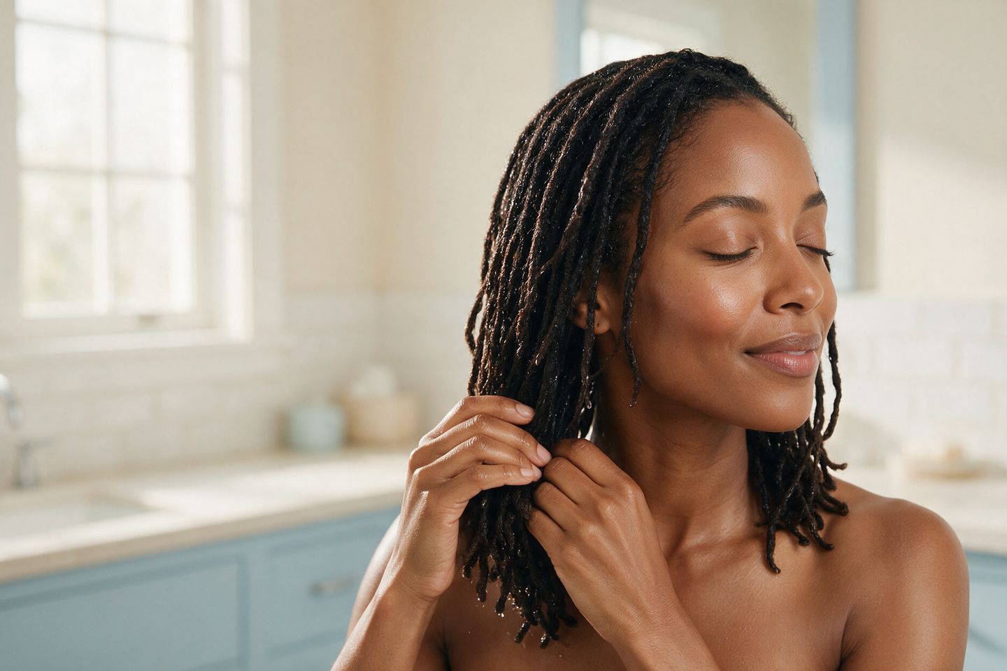 Woman with locs on wash day