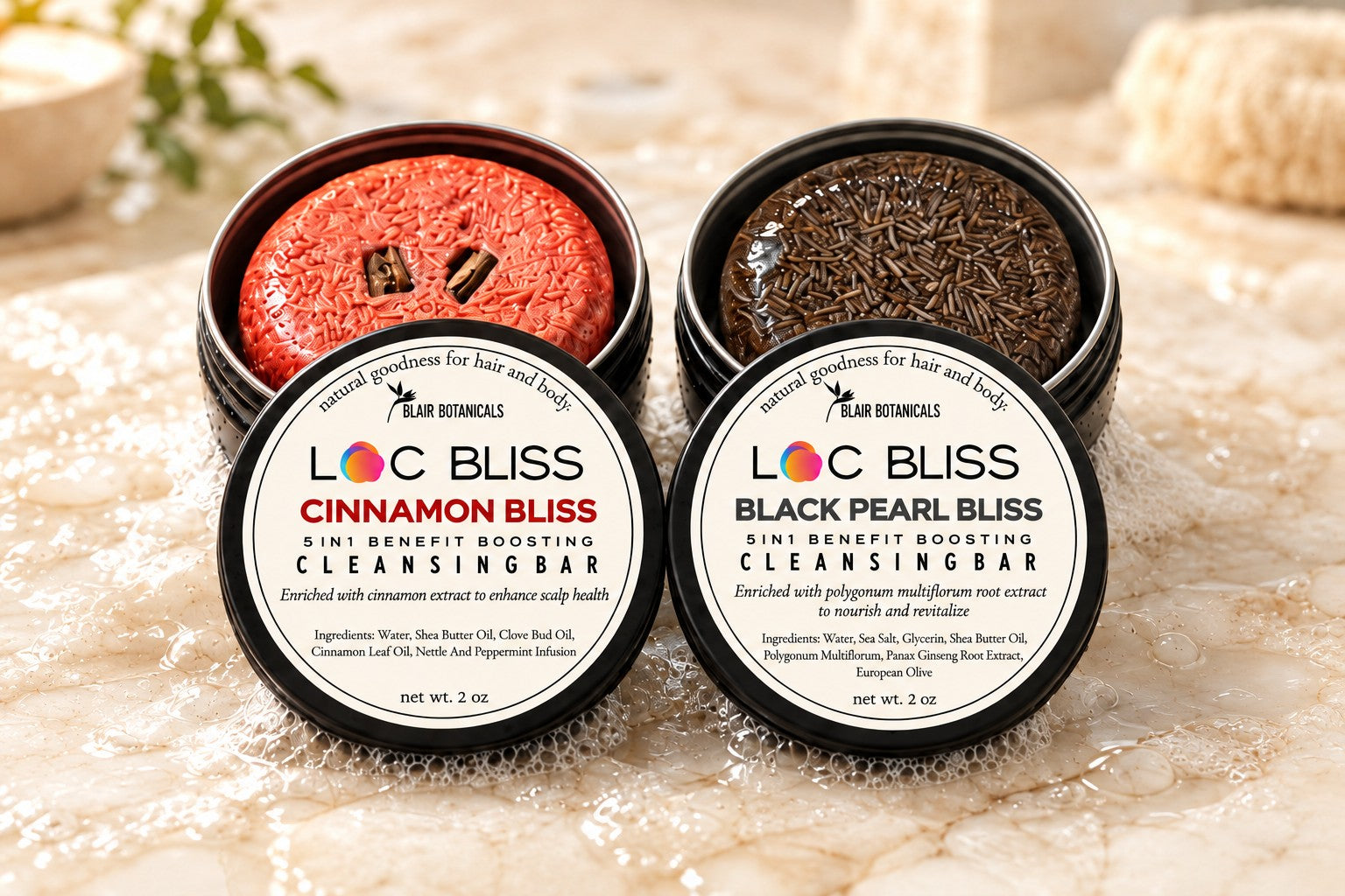 Cinnamon Bliss and Black Pearl Bliss cleansing bars in open black tins with their labeled lids